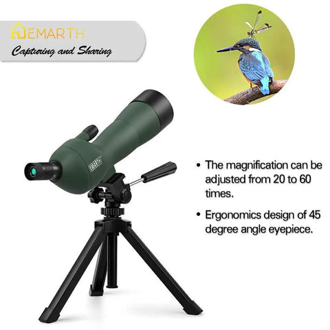 Go To 20 To 60x60 Zoom Angled Spotting Scope With BAK4 Optics Waterproof For Hunting And Birdwatching Includes 14 Inch Tabletop Tripod And Carry Bag Lightweight 1.37 Lb Ideal For Target Shooting And Wildlife Viewing, green angled scope on tripod