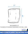 Diagram of Clear 5.8 Mil Dust Collector Bags, showing dimensions, heavy duty 6 pack, fits DC-1100VX, 70 gallon, sawdust collection.