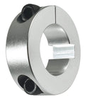 Close-up of a 4 Pack 1 Inch Lock Collar Clamps For Go Kart Axles Aluminum Sprocket Hub Locks With Socket Head Cap Screws And One Quarter Inch Keyway Slot Durable Aluminum Construction For Lasting Use Perfect For Go Kart Racing And Maintenance.