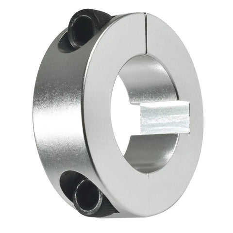 Close-up of a 4 Pack 1 Inch Lock Collar Clamps For Go Kart Axles Aluminum Sprocket Hub Locks With Socket Head Cap Screws And One Quarter Inch Keyway Slot Durable Aluminum Construction For Lasting Use Perfect For Go Kart Racing And Maintenance.