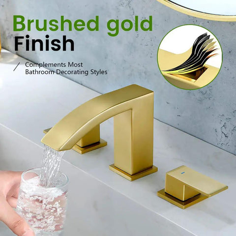 Brushed Gold Bathroom Sink Faucet 3 Hole Widespread Waterfall Basin Faucet With Pop Up Drain in brushed gold finish