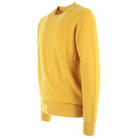 Yellow crew-neck sweater in side view displaying soft fabric texture and long sleeves, suitable for casual wear.