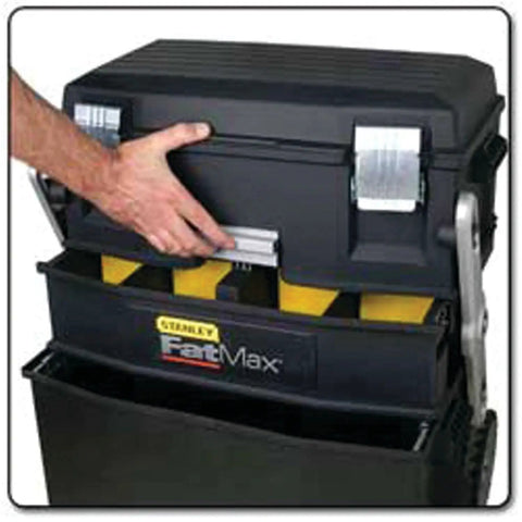 FatMax 4 In 1 Mobile Work Station With Tiered Cantilever Storage System showing open compartments and latch