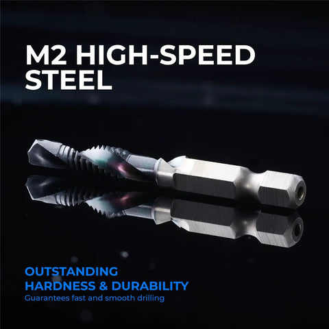 Metric M3 To M10 6Pc Combo Drill And Tap Bit Set with TiAlN coating, M2 high-speed steel, on black background.