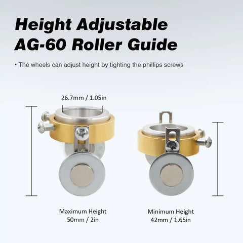 Height adjustable AG-60 roller guide with slotted cup roller, copper build. Compatible with AG60, SG55 torches, CUT50 machines.