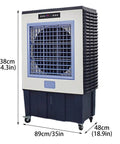 Beat The Heat Portable Swamp Cooler With Deep Water Tank, 138cm tall, blue and white, designed for cooling indoor patios and garages.