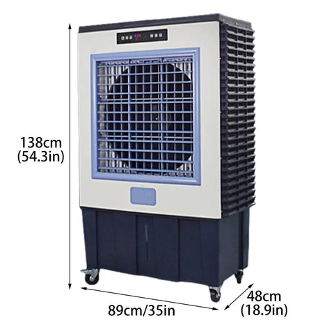 Beat The Heat Portable Swamp Cooler With Deep Water Tank, 138cm tall, blue and white, designed for cooling indoor patios and garages.