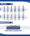Image of nut bits and screwdriver bits from the Three Eighths Inch Drive Socket Set Forty Seven Piece With Quick Release Ratchet