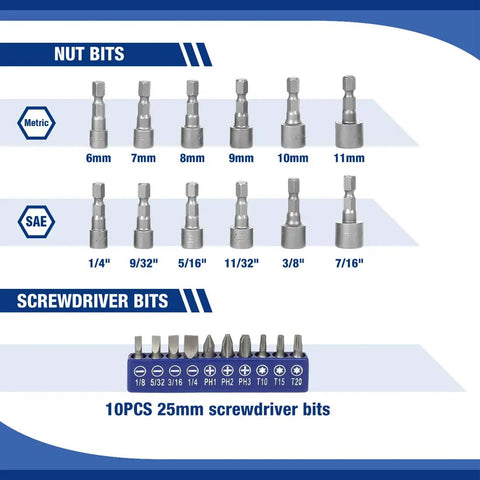 Image of nut bits and screwdriver bits from the Three Eighths Inch Drive Socket Set Forty Seven Piece With Quick Release Ratchet