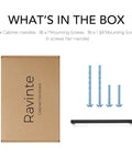 Package contents for 18 Pack 8-4/5 Inch Square Cabinet Handles Matte Black Pulls including screws and box; easy install hardware set.