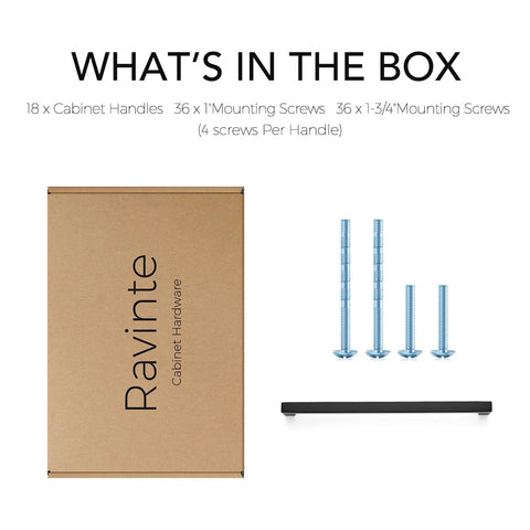 Package contents for 18 Pack 8-4/5 Inch Square Cabinet Handles Matte Black Pulls including screws and box; easy install hardware set.