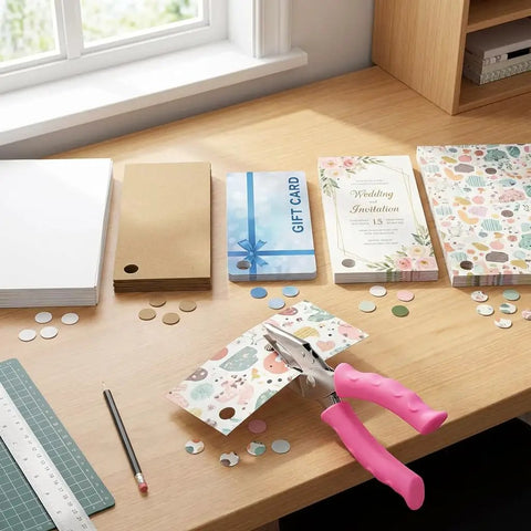 Dual Size Paper Hole Punch Set With Pink Soft Grip Handles on desk alongside craft paper and cut-out circles