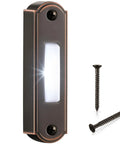 Heavy Duty Metal Lighted Doorbell Button Built To Last LED Wall Mounted Push Button For Universal Garage Door Opener Switch Low Voltage Indoor Outdoor Replacement White Light For Stucco Brick Wood Stone Surfaces bronze wall-mounted button with screws
