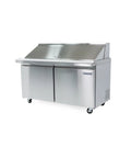 Commercial 60 Inch 15 Cu Ft Mega Top Prep Table Refrigerator Stainless Steel with open lid and wheels.