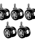 Top Tier Silent Roller Blades For Office Chairs 60mm Universal Swivel Casters 5 Pack Heavy Duty Rubber Wheels displayed from multiple angles.