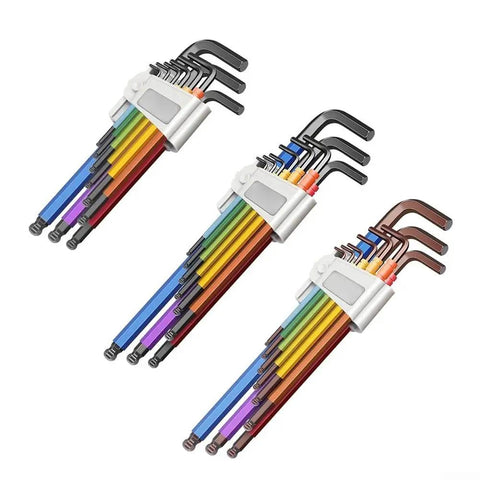 Super Durable Ball End Hex Key Set 9 Pieces Metric Wrench Tool Kit Fits Tight Spots High Carbon Steel Screwdriver Repair Gear With Case, color coded