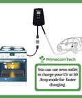 Level 2 Adjustable EV Wall Charger Station 220V With 12 To 50 Amp Modes next to an oven outlet illustration for home charging.