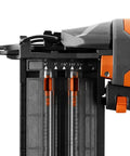 Close-up of Two And One-Eighth Inch 18-Gauge Brad Nailer With Clean Drive Technology showing nail guides and measurement indicators.