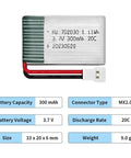 2 Pack 3.7V LiPo Battery 300mAh Rechargeable For RC Planes Helis Drones And All Toys With XH254 Connector Compact 33x20x6mm USB Charging Cable Included.