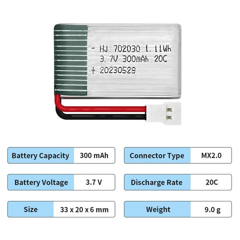 2 Pack 3.7V LiPo Battery 300mAh Rechargeable For RC Planes Helis Drones And All Toys With XH254 Connector Compact 33x20x6mm USB Charging Cable Included.