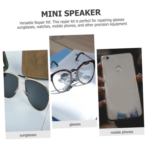 Mini speaker and repair kit tools for glasses and watches; includes eyeglass repair kit with screws and precision screwdriver.