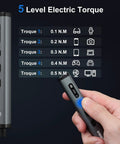 Hand holding Mini Electric Screwdriver Cordless 78 In 1 Set with 5 gear torque digital display showing torque levels