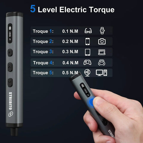 Hand holding Mini Electric Screwdriver Cordless 78 In 1 Set with 5 gear torque digital display showing torque levels