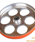 Urethane Band Saw Tires 12 Inch 7 Eighths Inch 0.095 Inch 2 Pack Replacement Tires for 12 Inch Saws installed on a metal wheel