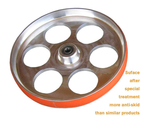 Urethane Band Saw Tires 12 Inch 7 Eighths Inch 0.095 Inch 2 Pack Replacement Tires for 12 Inch Saws installed on a metal wheel
