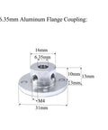 Six 6.35mm Aluminum Flange Couplings Heavy Duty Shaft Connectors with detailed dimensions in durable aluminum alloy for RC motors.