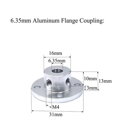 Six 6.35mm Aluminum Flange Couplings Heavy Duty Shaft Connectors with detailed dimensions in durable aluminum alloy for RC motors.