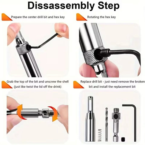 Disassembly steps for using Three Piece Self Centering Hinge Drill Bit Set For Woodworking, High Speed Steel Bits For Door and Window Hinges.