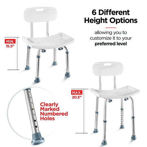 Shower Chair Set Of 3 With Back Scrubber And Sponge, Anti Slip Bath Stool With 8 Adjustable Heights 13 To 19 Inches, Aluminum Legs, Tool Free Assembly, Portable Elderly Bath Chair With Removable Back, Supports Up To 350 LBS.