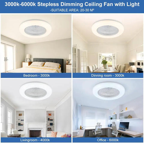 Slick Bladeless Flush Mount Ceiling Fan With Light, 22 Inch, shown in bedroom, dining room, living room, office settings
