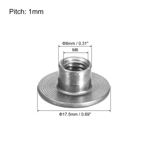 Top Rated M6 Tee Nuts 24 Piece Set Carbon Steel Weld Flange Inserts with round base showing dimensions and design features.