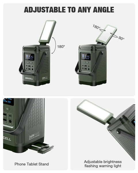Adjustable light feature of T200 Portable Power Station 240W Green For Camping And Home Backup Power Off Grid Ready Ideal.