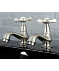 Cross-Handle Basin Faucet in polished chrome, deck mount with Victorian vibe, shown installed on sink against tiled background