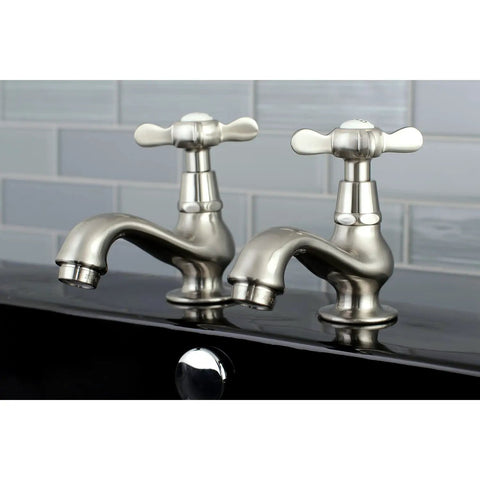 Cross-Handle Basin Faucet in polished chrome, deck mount with Victorian vibe, shown installed on sink against tiled background