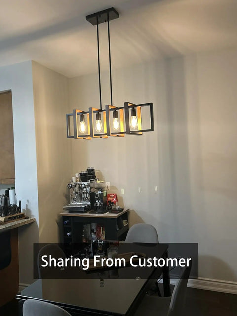 Antique Wood Chandelier For Kitchen Island With 4 Lights, 31.5 Inch Rectangular Pendant In Black Rustic Farmhouse Style