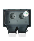 Smart Dual WiFi Socket With IP66 No Sweat Weather Shield For Indoor Outdoor Power, dual outlet design with protective cover.