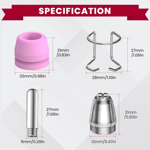 All-In-One Pro-Grade Plasma Cutter Consumables Kit For AG60P SG-55 WSD-60 Torch Includes various components with sizes.