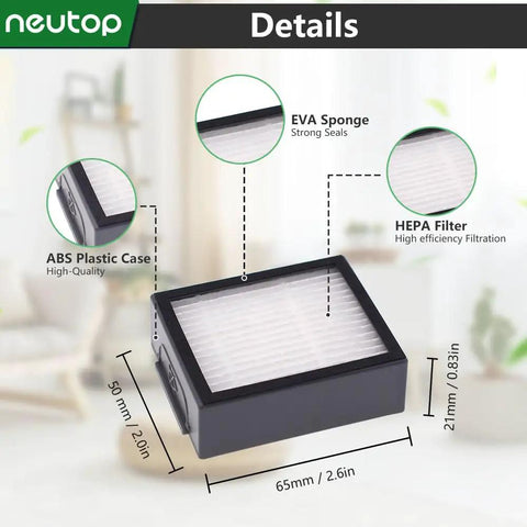 6 Pack Replacement HEPA Filters For Roomba E I And J Series Vacuum Cleaners product details showing dimensions and components