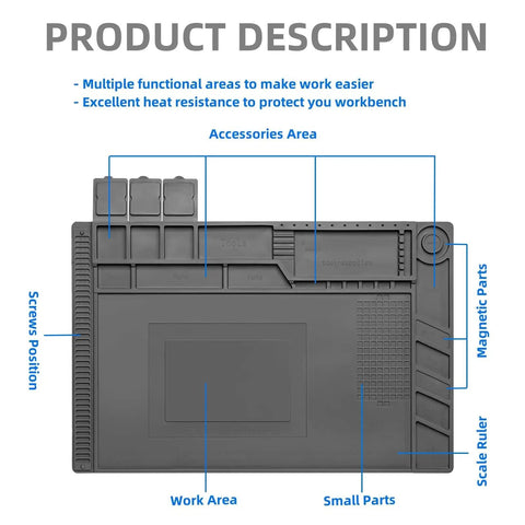Magnetic Repair Work Mat For Soldering And Electronics Premium Silicone Soldering Mat Grey 17.72 By 11.81 Inches with labeled sections