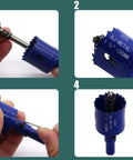 Blue 1-3/8 in (35 mm) bi-metal hole saw with arbor; four-view collage showing teeth, size mark, and assembly.