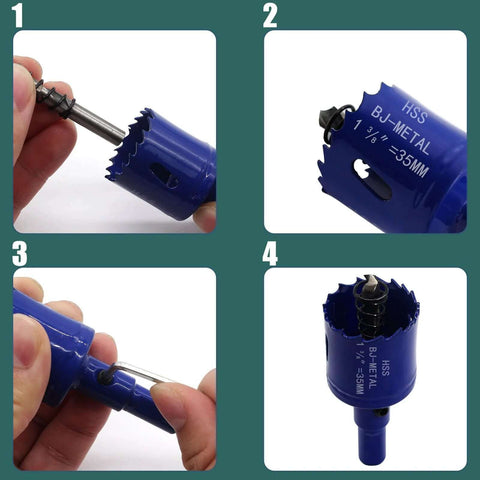 Blue 1-3/8 in (35 mm) bi-metal hole saw with arbor; four-view collage showing teeth, size mark, and assembly.