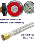 Propane regulator with gauge and stainless braided hose, 12 ft long, 3/8 in female flare fitting for POL tank to fire pit burner