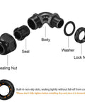 Exploded view of 90 Degree M20 Cable Gland Adjustable 9 to 14mm Strain Relief Cord Connector with nylon joints and gaskets