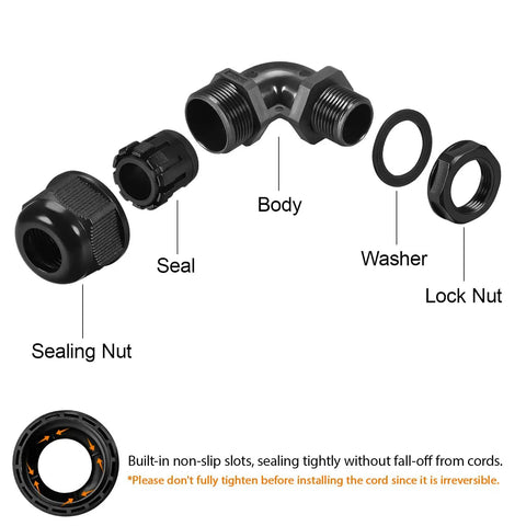 Exploded view of 90 Degree M20 Cable Gland Adjustable 9 to 14mm Strain Relief Cord Connector with nylon joints and gaskets