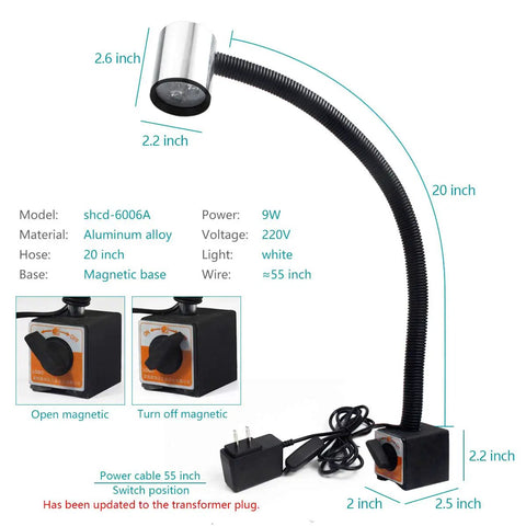 Magnetic IP65 Waterproof Led Work Light With Flexible Gooseneck, 900 Lumens, aluminum construction, dimensions labeled
