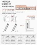 Diagram showing dimensions and compatibility of 14-22 inch Soft Close Drawer Slides 14 Inch Side Mount Glides, 6 Pair, 3 Fold Full Extension Ball Bearing Rails, Heavy Duty Cabinet Track For Office Desk Bedroom Nightstand Drawers, Quiet Smooth Operation, Rust Resistant, Durable And Easy Access.